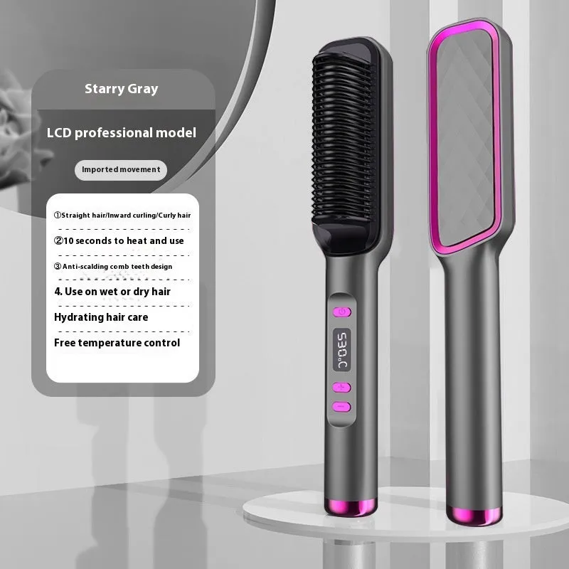 Negative ion hair straightening comb with LCD display in seven colour options including avocado green and cherry pink