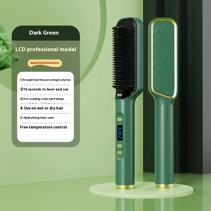 Negative ion hair straightening comb with LCD display in seven colour options including avocado green and cherry pink