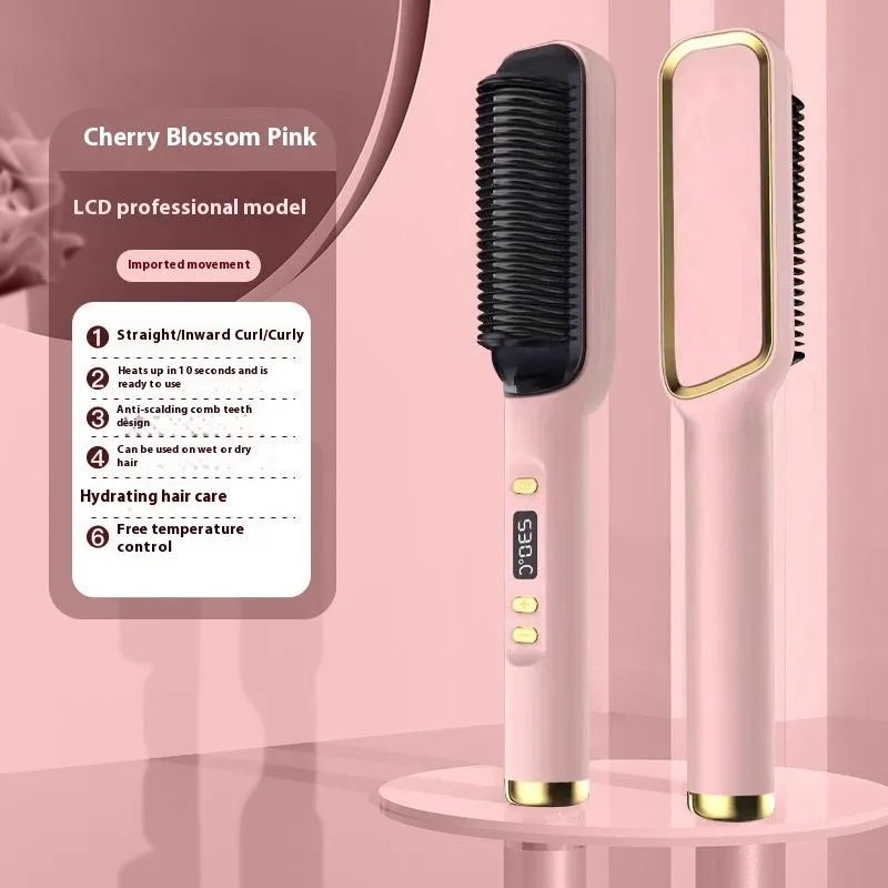 Negative ion hair straightening comb with LCD display in seven colour options including avocado green and cherry pink