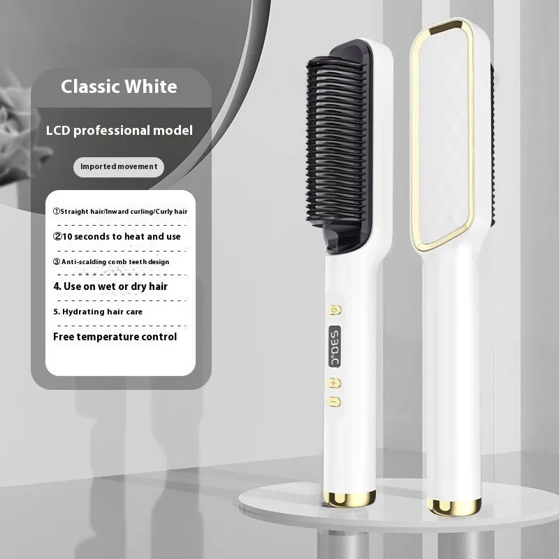 Negative ion hair straightening comb with LCD display in seven colour options including avocado green and cherry pink