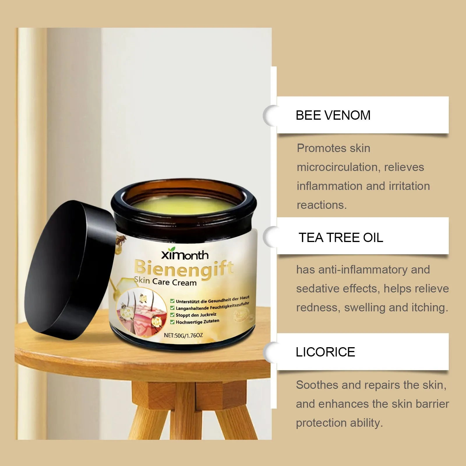 50g jar of bee venom and herbal blend neck cream for moisturising.