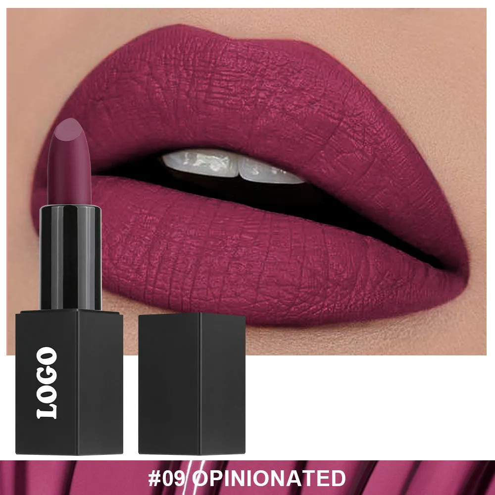 Matte finish lipstick in a tube, shown in one of 24 available waterproof shades.