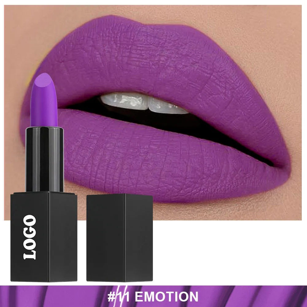 Matte finish lipstick in a tube, shown in one of 24 available waterproof shades.