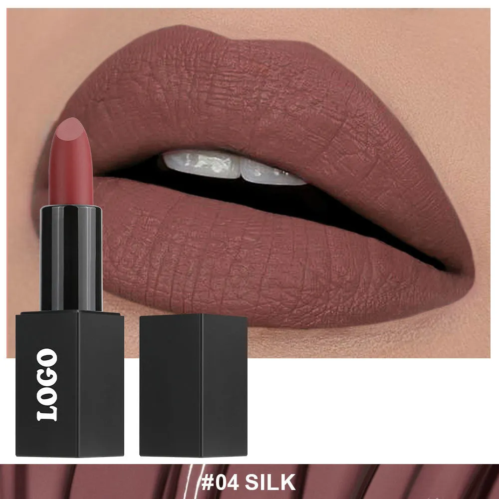 Matte finish lipstick in a tube, shown in one of 24 available waterproof shades.