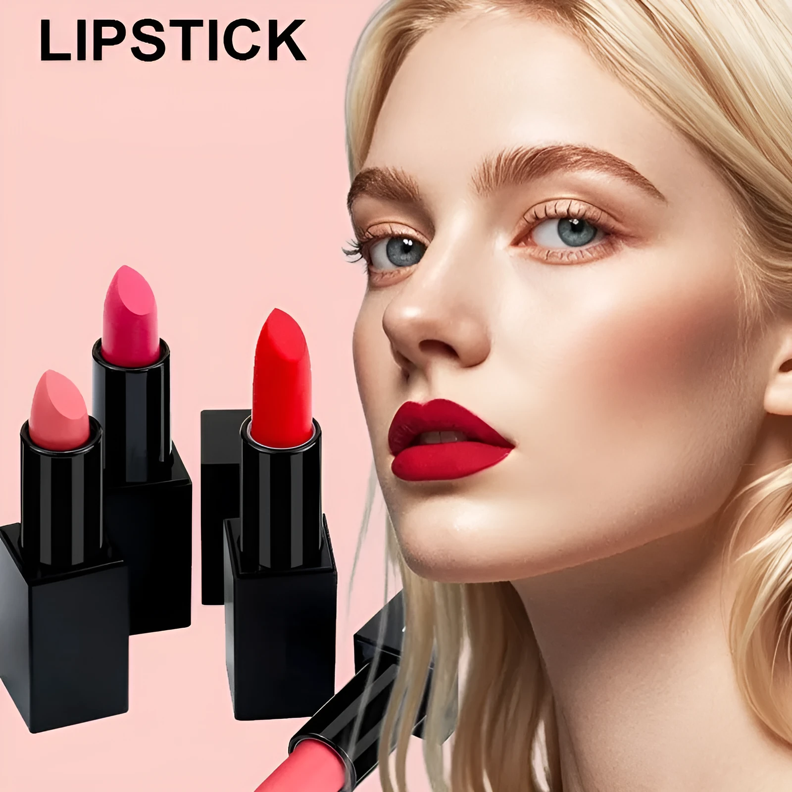Matte finish lipstick in a tube, shown in one of 24 available waterproof shades.