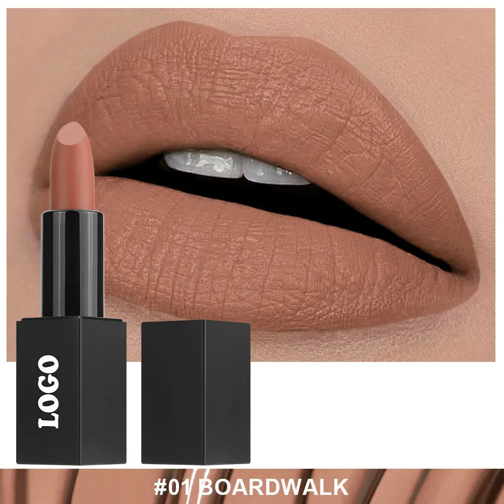 Matte finish lipstick in a tube, shown in one of 24 available waterproof shades.