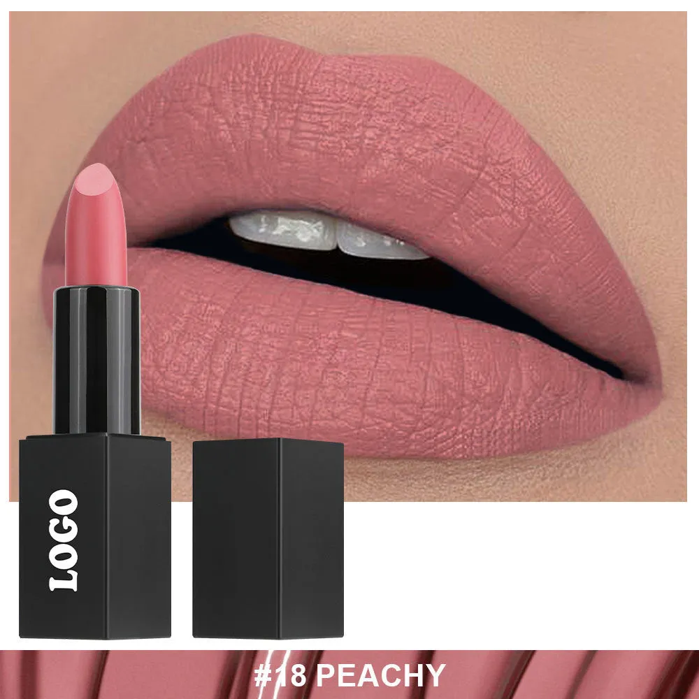 Matte finish lipstick in a tube, shown in one of 24 available waterproof shades.