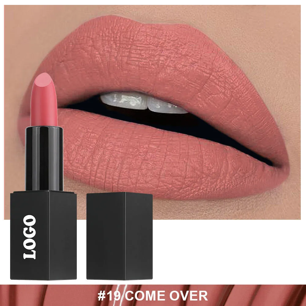 Matte finish lipstick in a tube, shown in one of 24 available waterproof shades.