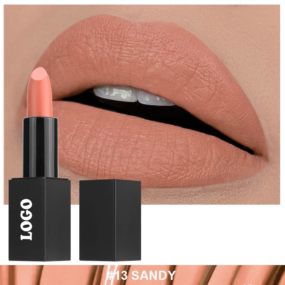 Matte finish lipstick in a tube, shown in one of 24 available waterproof shades.