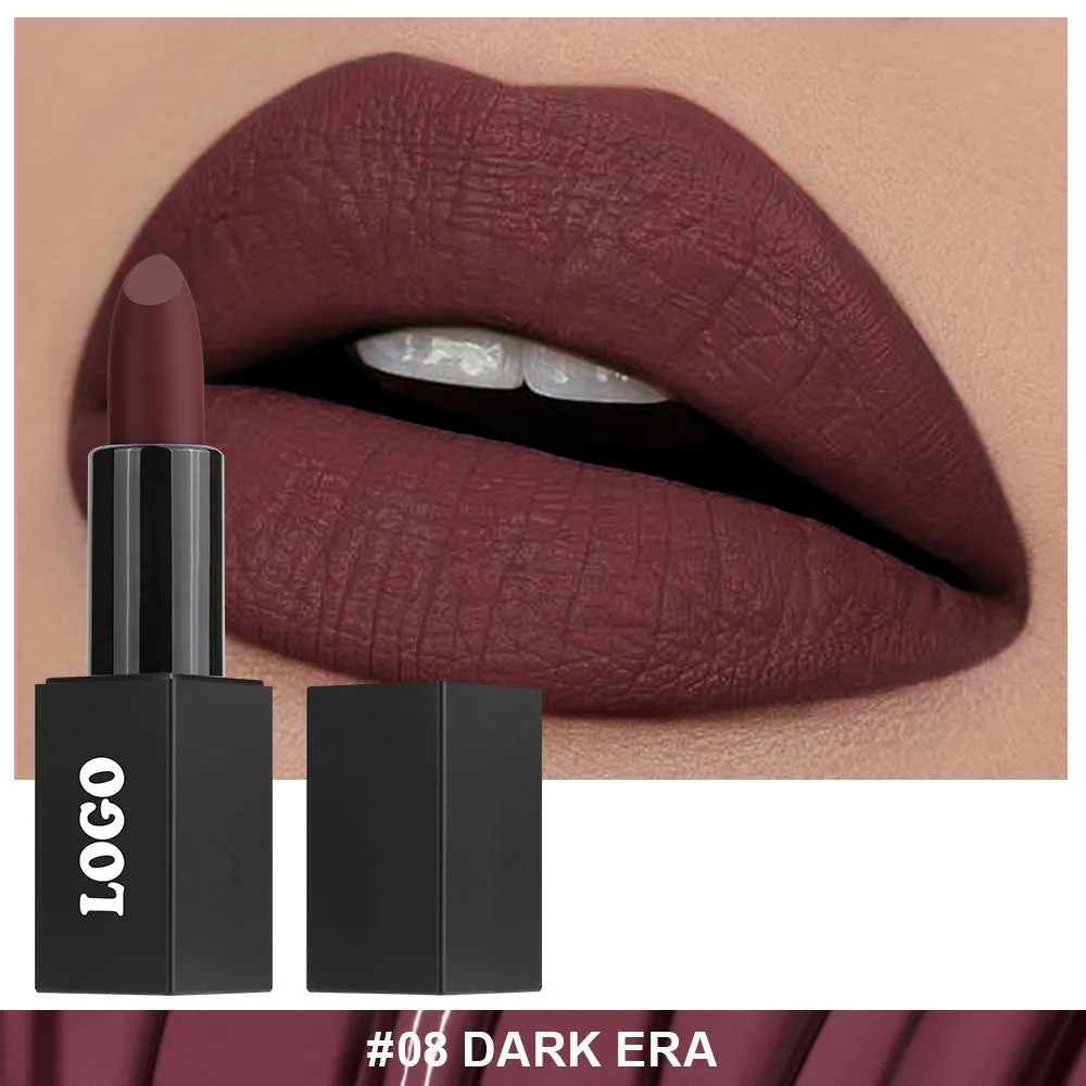 Matte finish lipstick in a tube, shown in one of 24 available waterproof shades.