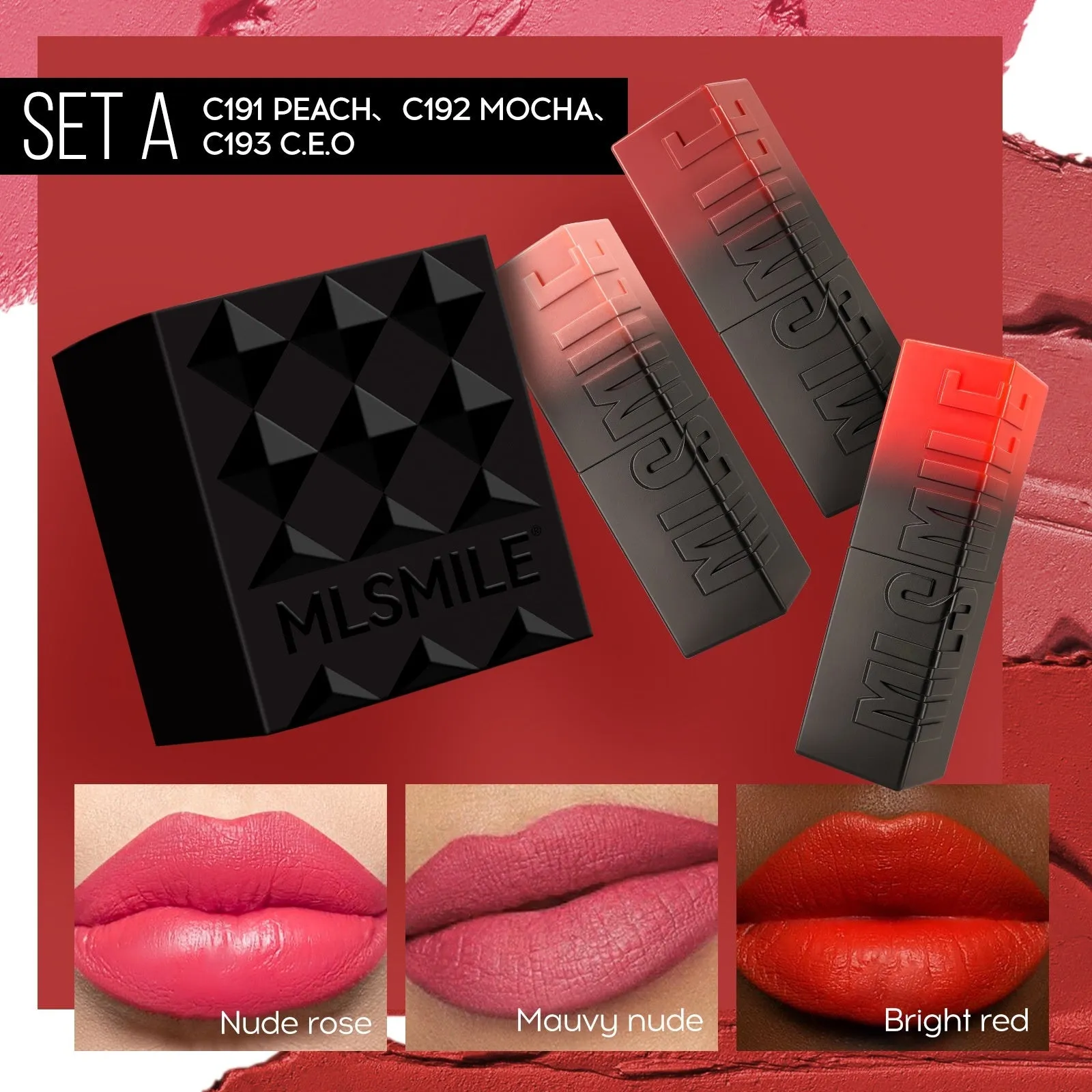 MLSMILE embossed lipstick set of three tubes in a 7.7cm x 6.8cm x 2.4cm box.
