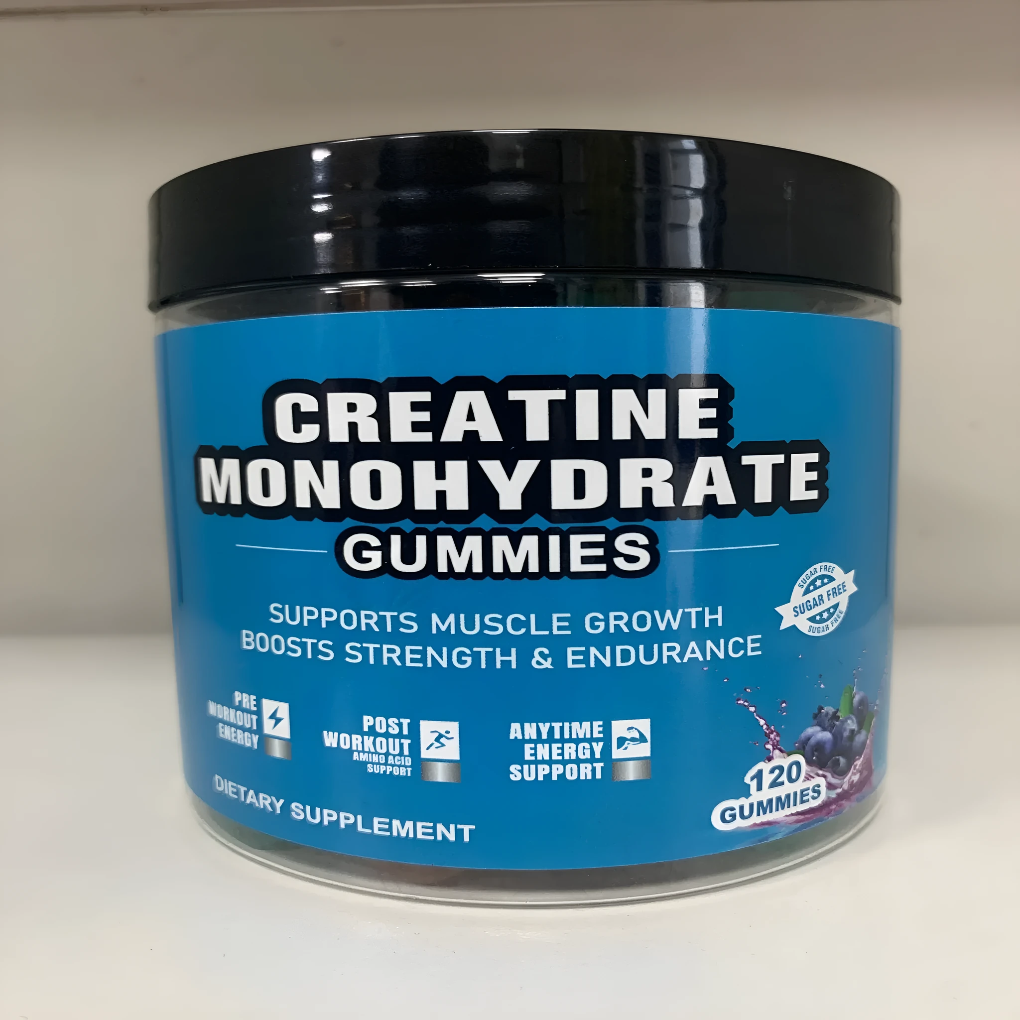 Bottle of raspberry flavoured creatine monohydrate gummy supplements containing 120 tablets