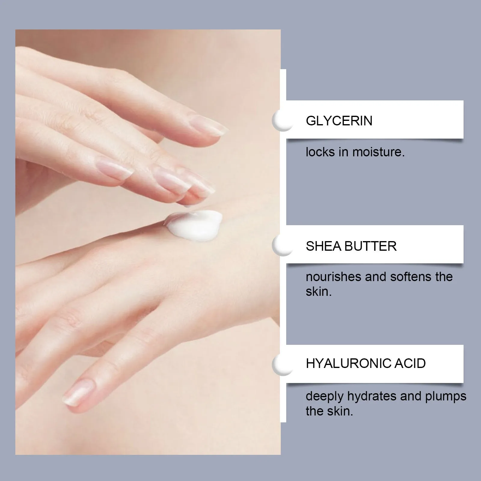 30g tube of moisturising hand cream with glycerin and hyaluronic acid