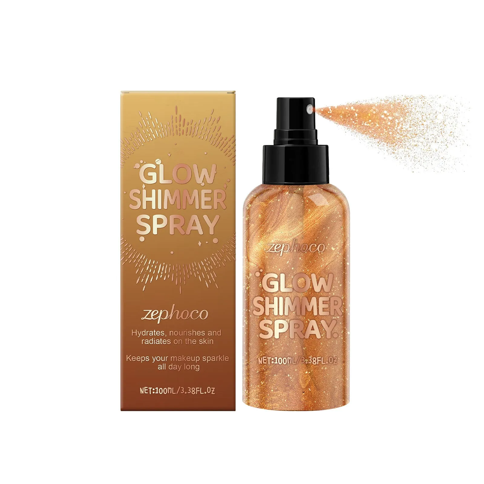 100ml Shiny Body Spray cosmetic product with spray bottle showing shimmering liquid