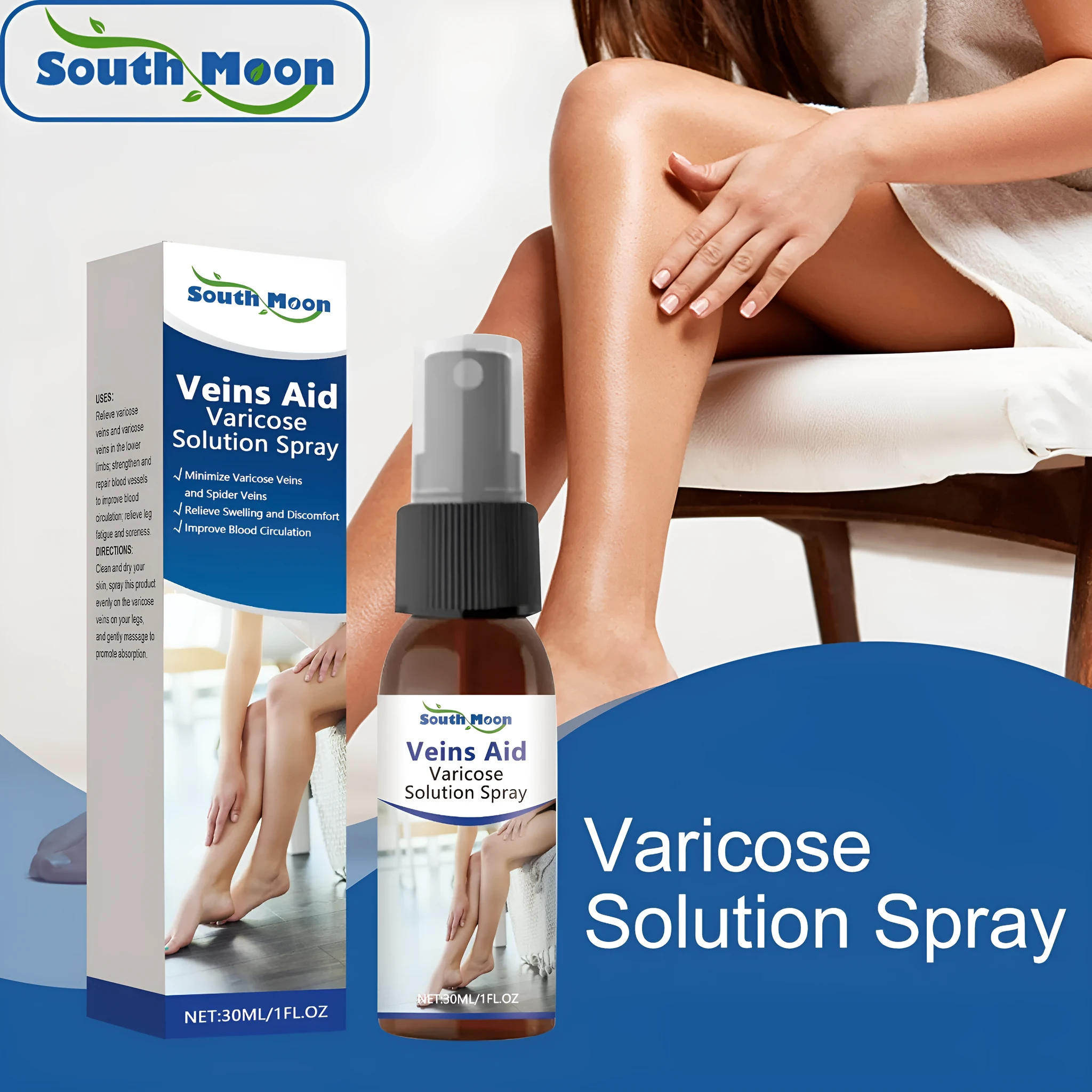 30ml bottle of leg care spray for daily massage with menthol, ginger, and horse chestnut.
