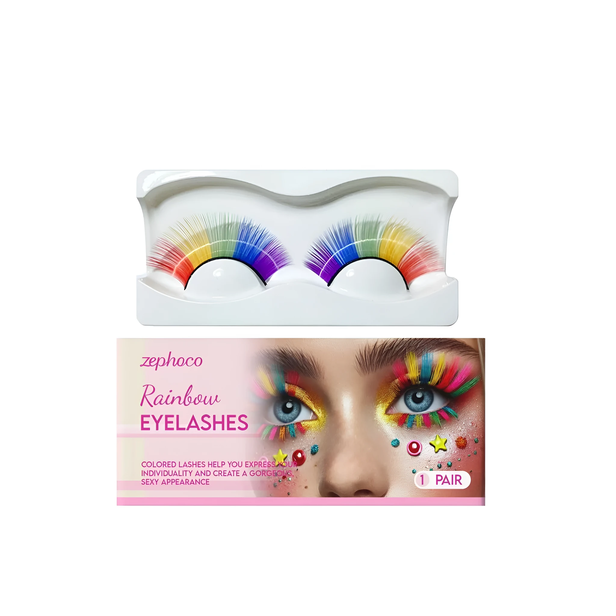 Pair of rainbow coloured false eyelashes with criss-cross design on a clear background.