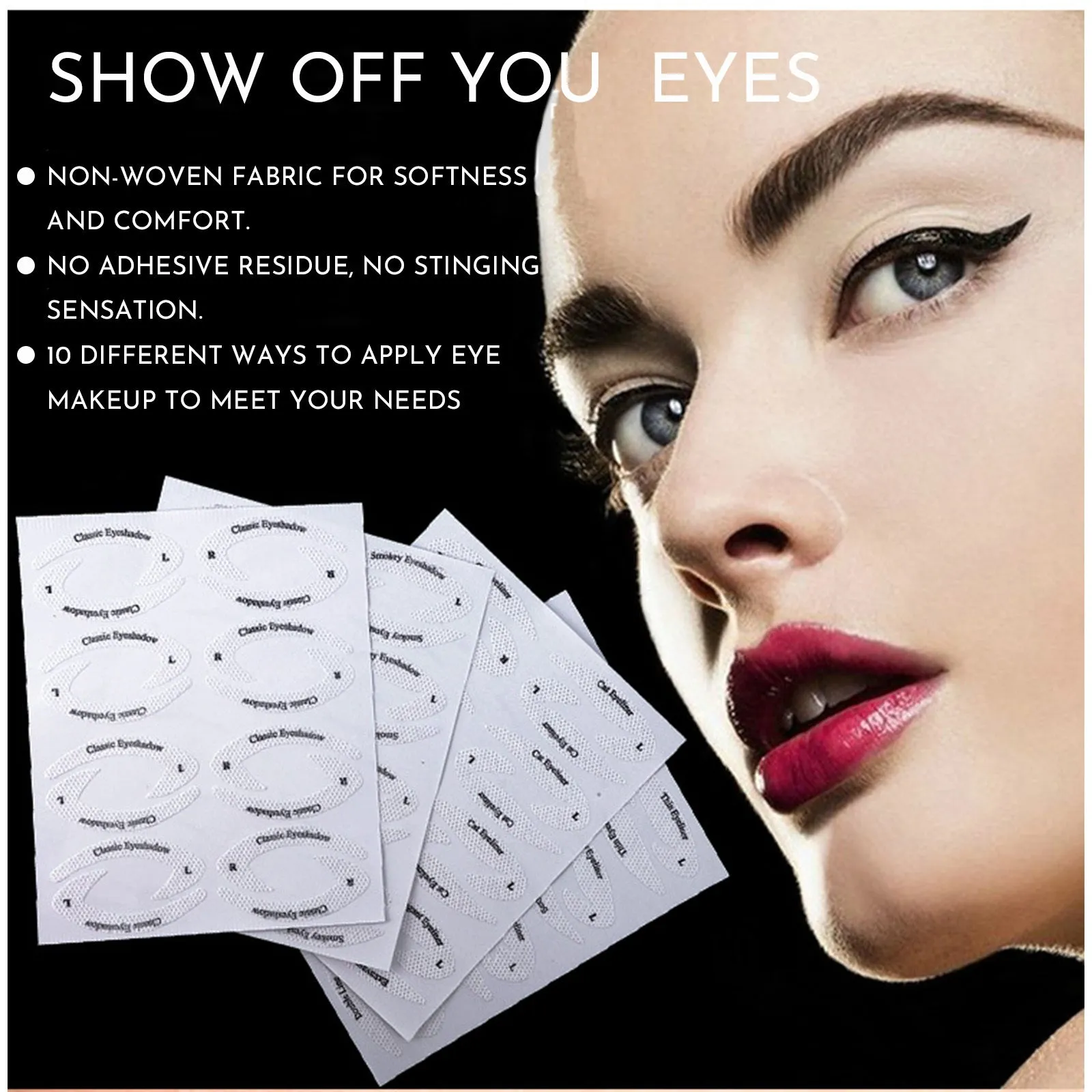 Set of four reusable flexible eyeliner and eyeshadow makeup sticker templates on a pink background