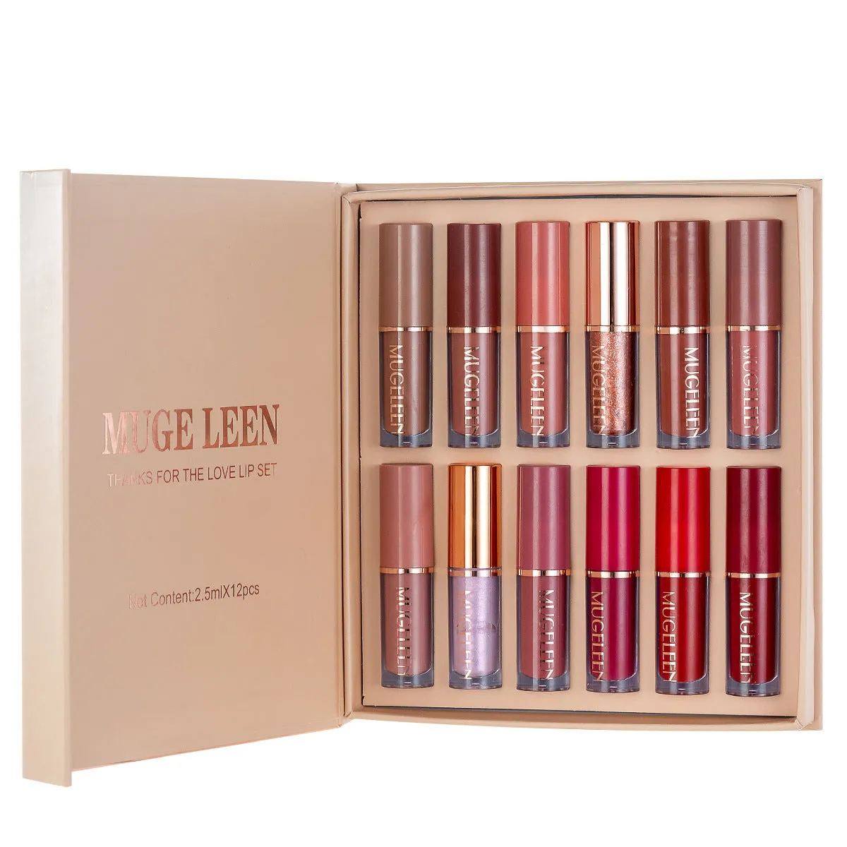 Boxed set of 12 matte shimmer lip glazes in various shades on a pink background.
