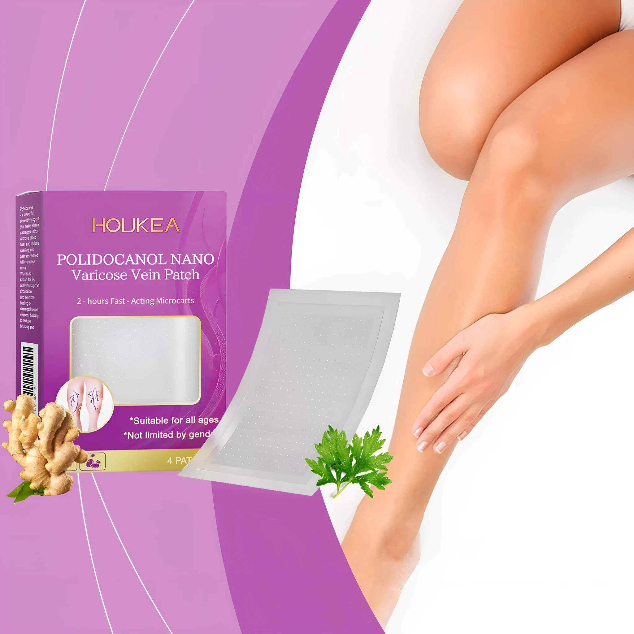 Pack of 4 micro needle patches with Moxa Leaf, Ginger Root, and Polyoctanol.