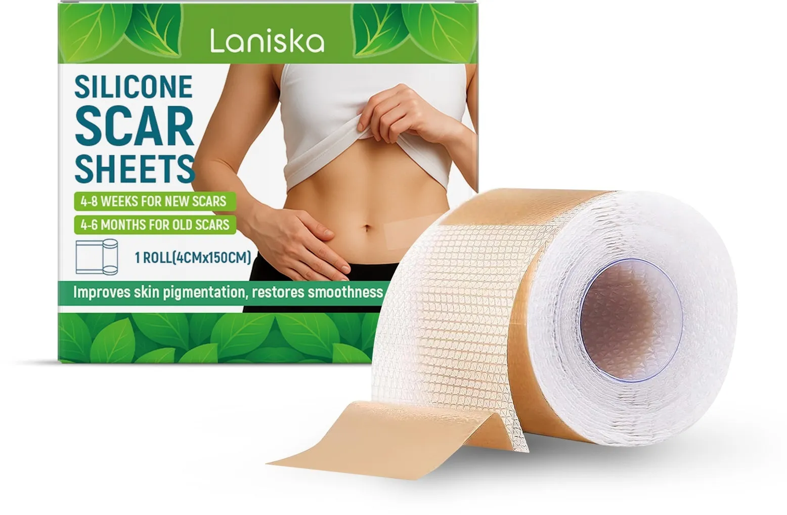 Silicone scar sheets roll measuring 4cm wide by 150cm long with tea tree oil and aloe extract ingredients