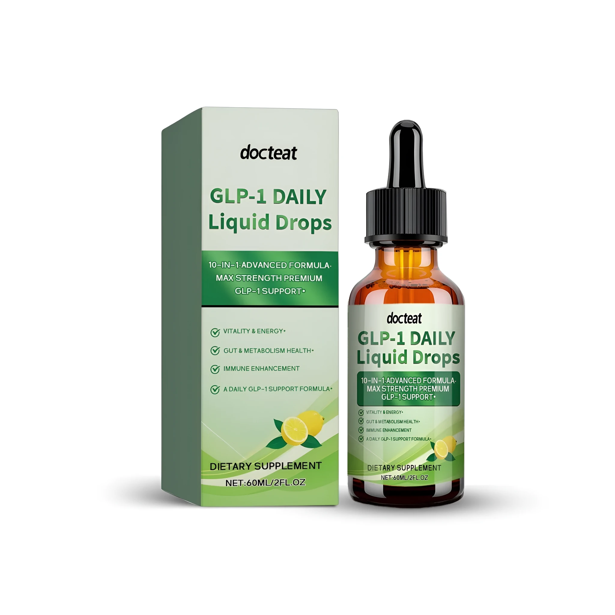 60ml bottle of GLP-1 daily liquid drops supplement with a dropper.