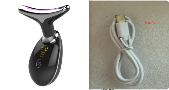 Black silver EMS thermal neck massager with LED lights for skin tightening and wrinkle reduction