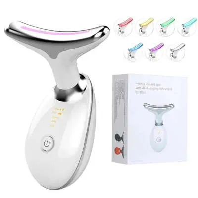 Black silver EMS thermal neck massager with LED lights for skin tightening and wrinkle reduction