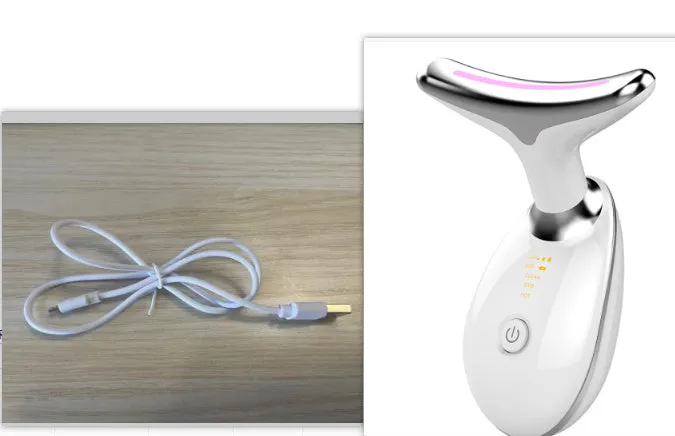 Black silver EMS thermal neck massager with LED lights for skin tightening and wrinkle reduction