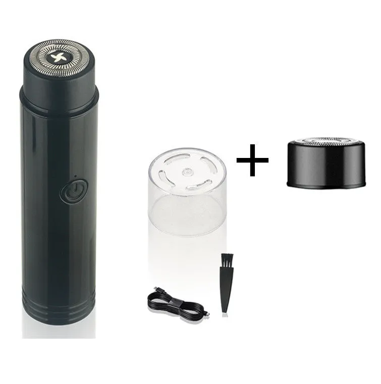 Compact portable electric shaver in black with USB charging cable.