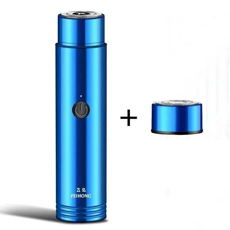 Compact portable electric shaver in black with USB charging cable.