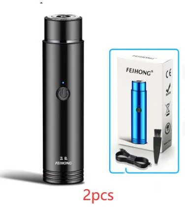 Compact portable electric shaver in black with USB charging cable.
