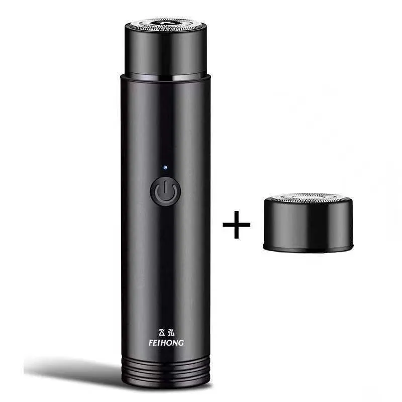 Compact portable electric shaver in black with USB charging cable.