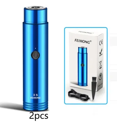 Compact portable electric shaver in black with USB charging cable.