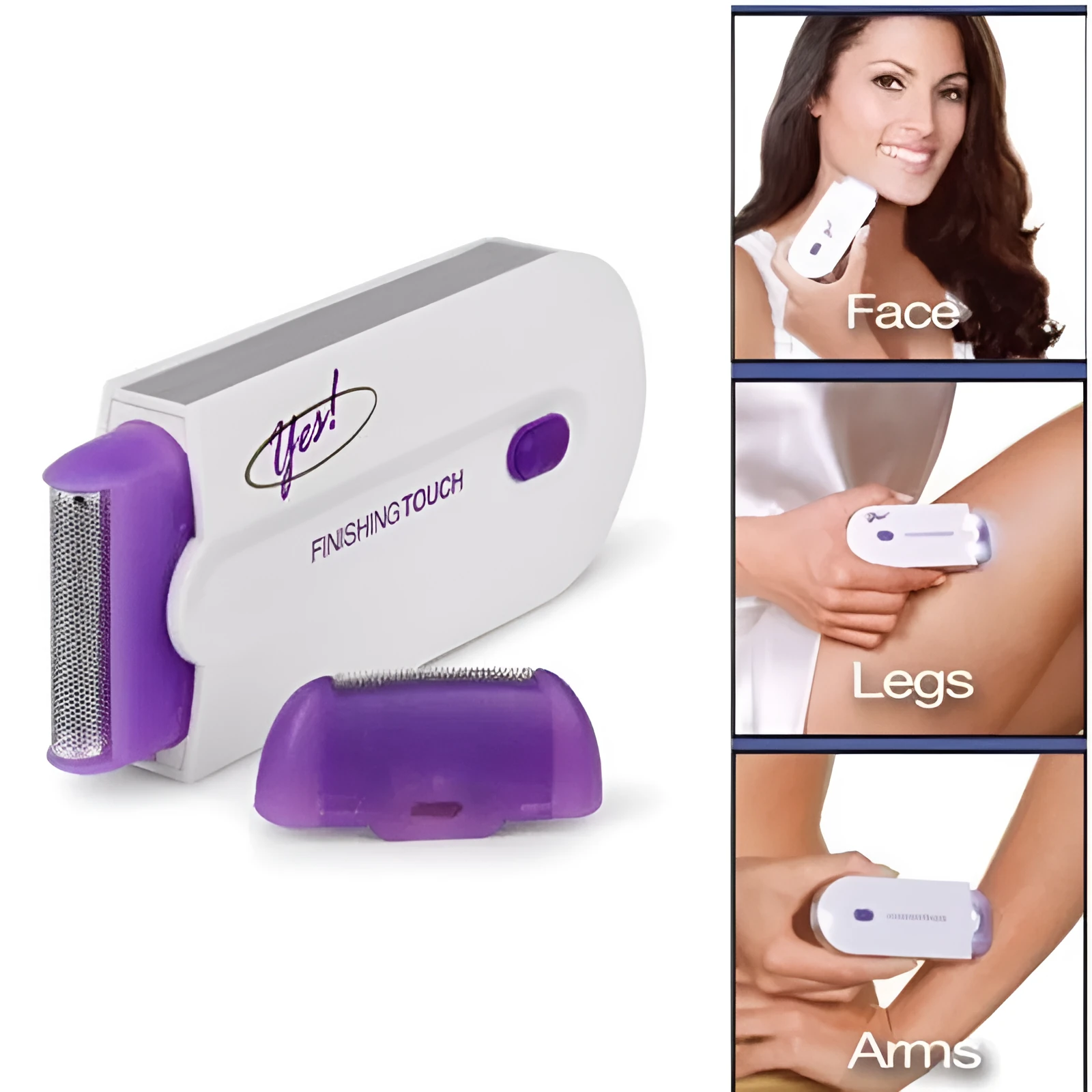 White electric hair removal shaver with foil head and trimmer head attachment on a blue background.
