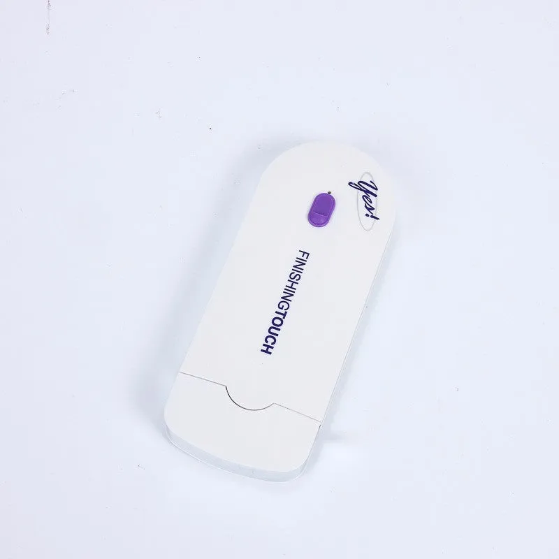 White electric hair removal shaver with foil head and trimmer head attachment on a blue background.