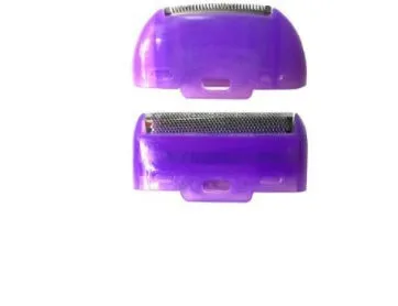 White electric hair removal shaver with foil head and trimmer head attachment on a blue background.