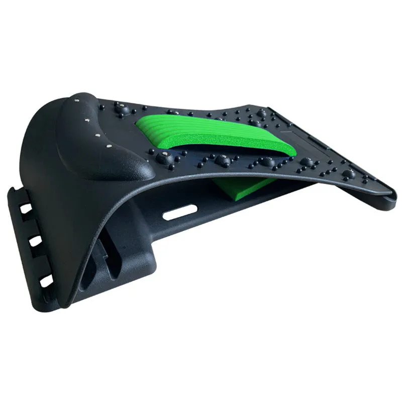 Black back massager and lumbar stretcher with visible acupuncture pins and magnetic points on a white background.