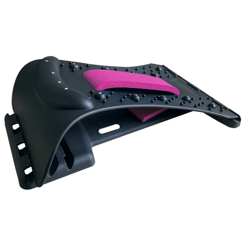Black back massager and lumbar stretcher with visible acupuncture pins and magnetic points on a white background.