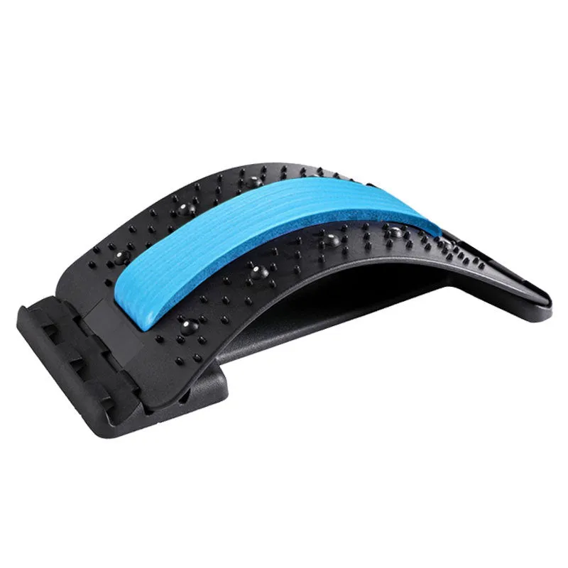 Black back massager and lumbar stretcher with visible acupuncture pins and magnetic points on a white background.