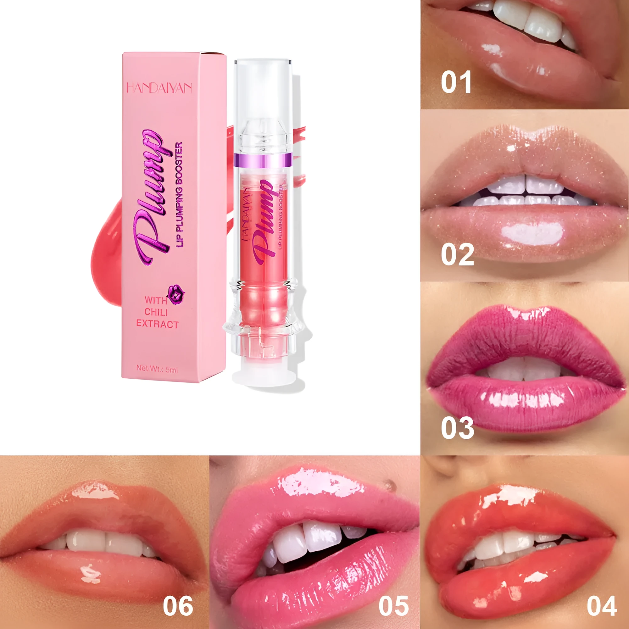 Tube of rich colour lipstick in a glossy finish, shown with shade options