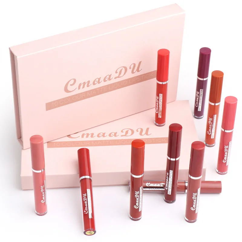 10-pack women's waterproof matte lipstick set with compact packaging and photo-ready colours