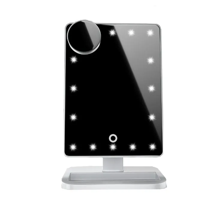 Pink touch screen LED makeup mirror with Bluetooth speaker and magnifying mirror on a table.