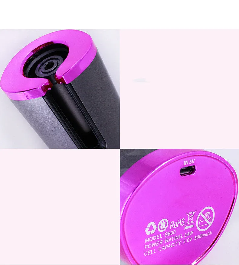 Rechargeable cordless automatic hair curler with ceramic barrel and LCD display in choice of colours.