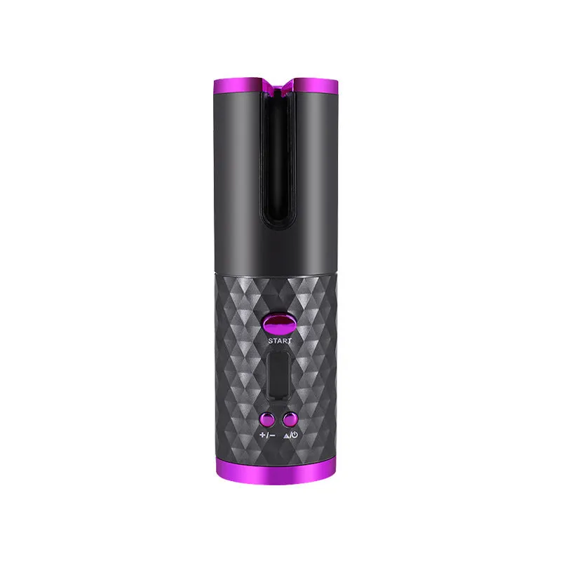 Rechargeable cordless automatic hair curler with ceramic barrel and LCD display in choice of colours.