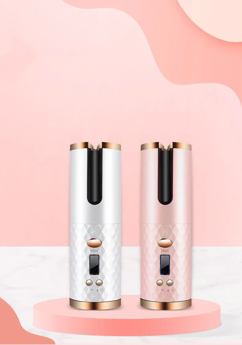 Rechargeable cordless automatic hair curler with ceramic barrel and LCD display in choice of colours.
