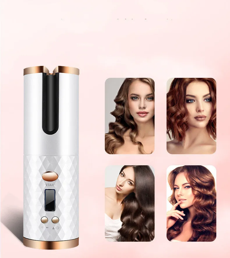Rechargeable cordless automatic hair curler with ceramic barrel and LCD display in choice of colours.