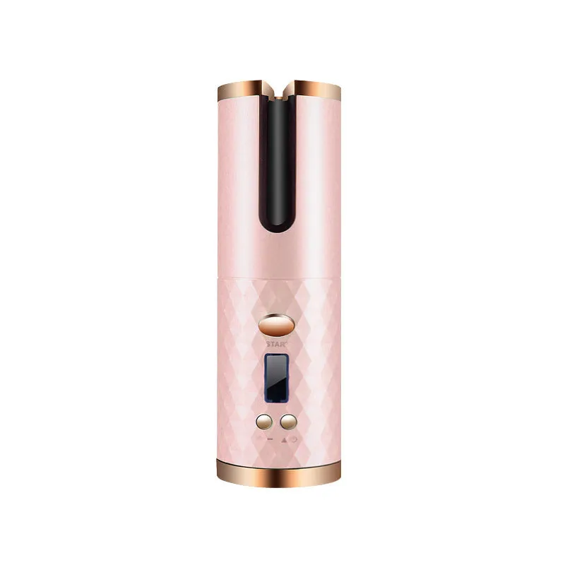 Rechargeable cordless automatic hair curler with ceramic barrel and LCD display in choice of colours.