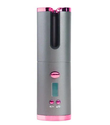 Rechargeable cordless automatic hair curler with ceramic barrel and LCD display in choice of colours.