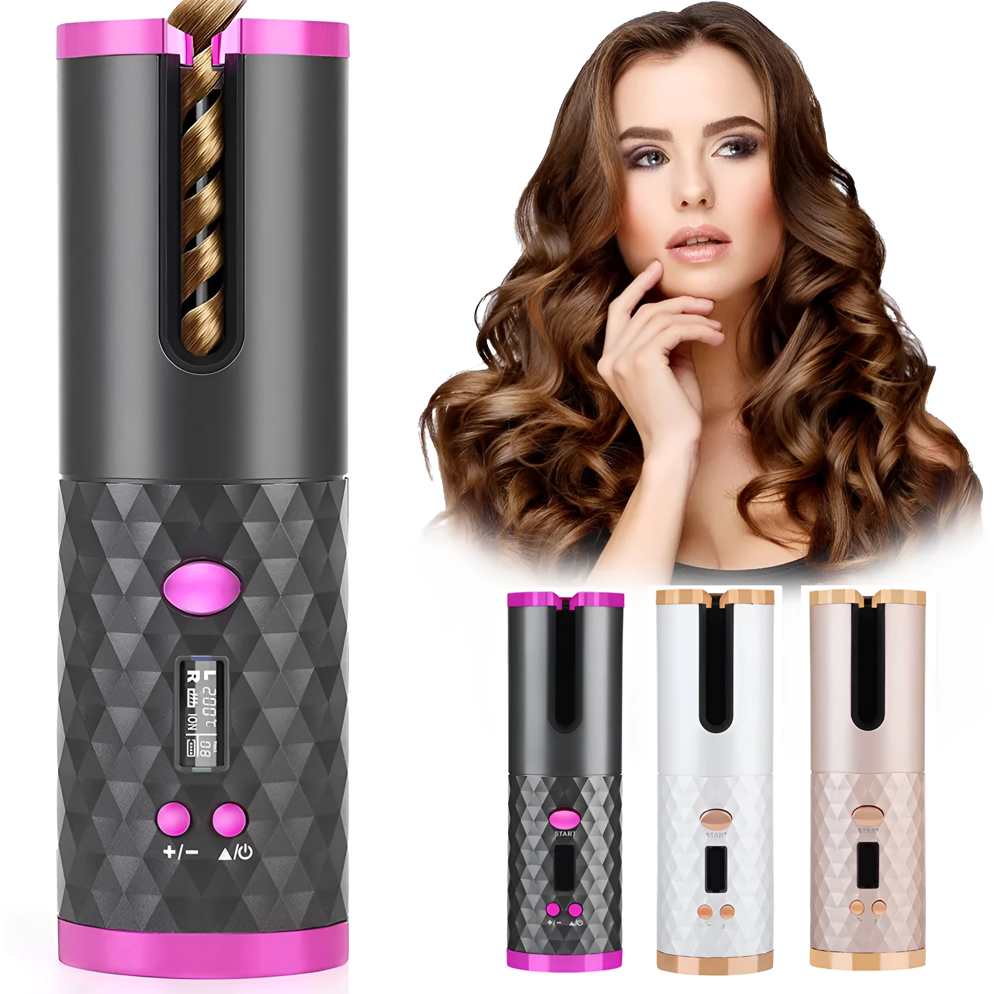 Rechargeable cordless automatic hair curler with ceramic barrel and LCD display in choice of colours.