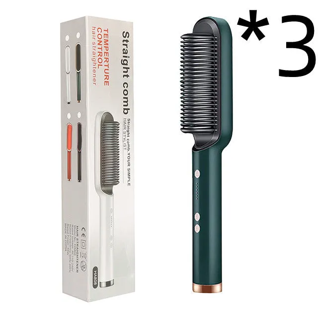 Red and black dual hair straightener and hot comb with digital display and rotating power cord.